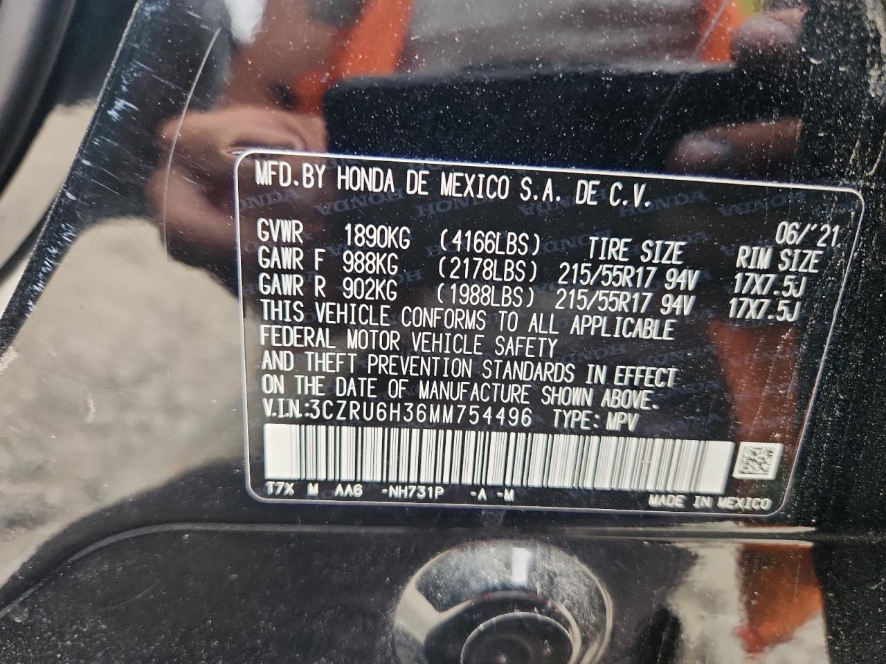 2021 Honda Hr-V Lx VIN: 3CZRU6H36MM754496 Lot: 65451215