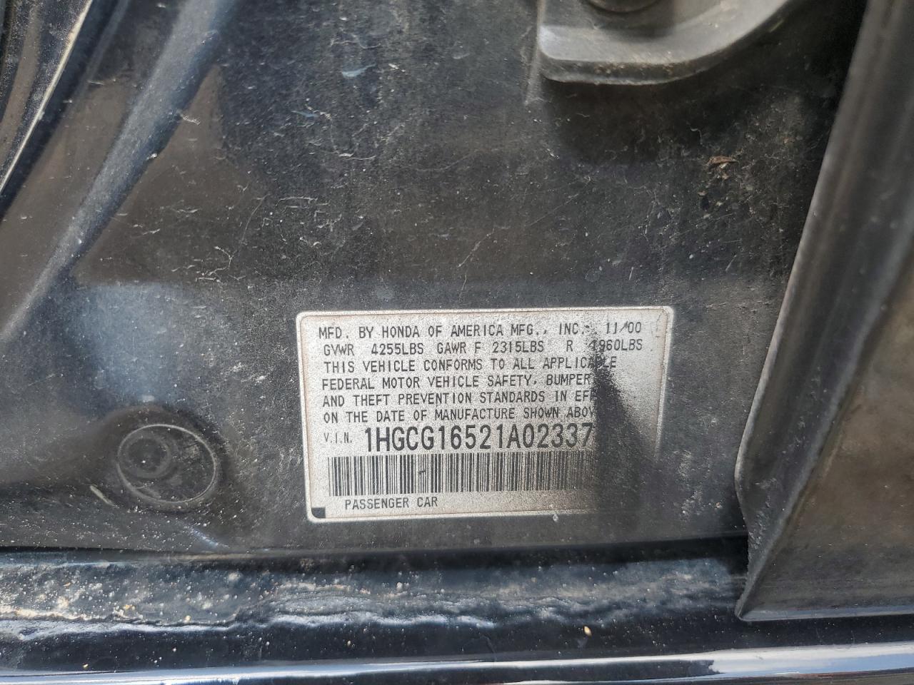 2001 Honda Accord Ex VIN: 1HGCG16521A023374 Lot: 63275155