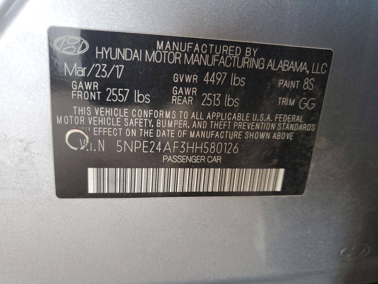 2017 Hyundai Sonata Se VIN: 5NPE24AF3HH580126 Lot: 65234145