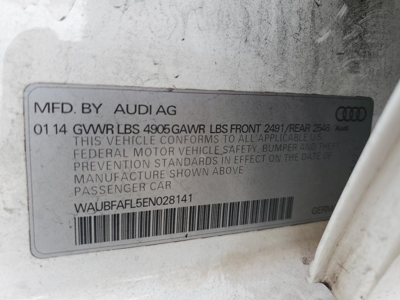 2014 Audi A4 Premium VIN: WAUBFAFL5EN028141 Lot: 63262025