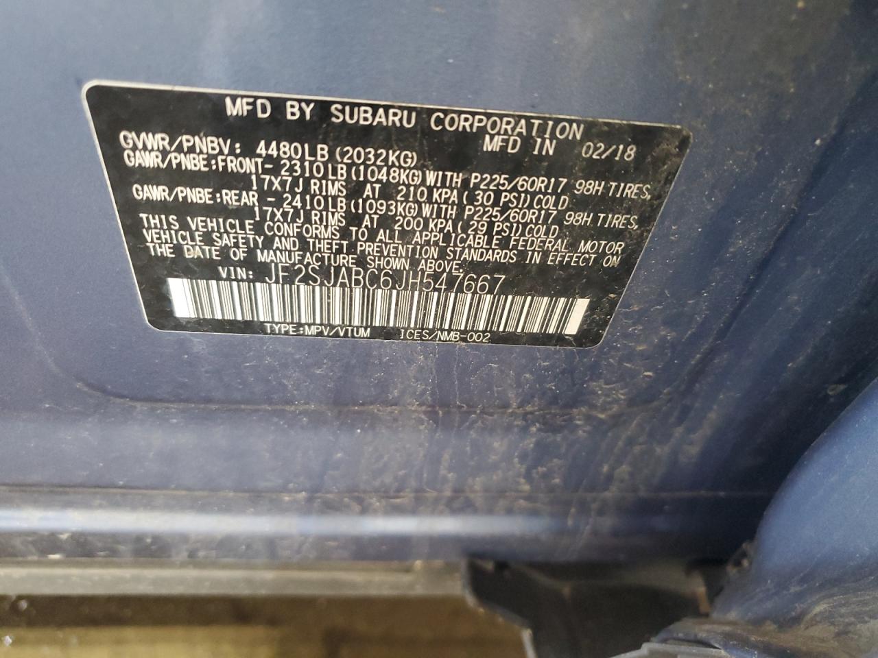 2018 Subaru Forester 2.5I VIN: JF2SJABC6JH547667 Lot: 64022155