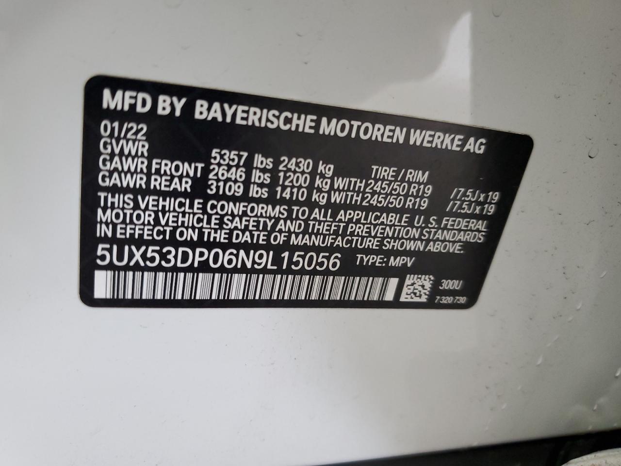 2022 BMW X3 xDrive30I VIN: 5UX53DP06N9L15056 Lot: 63192535
