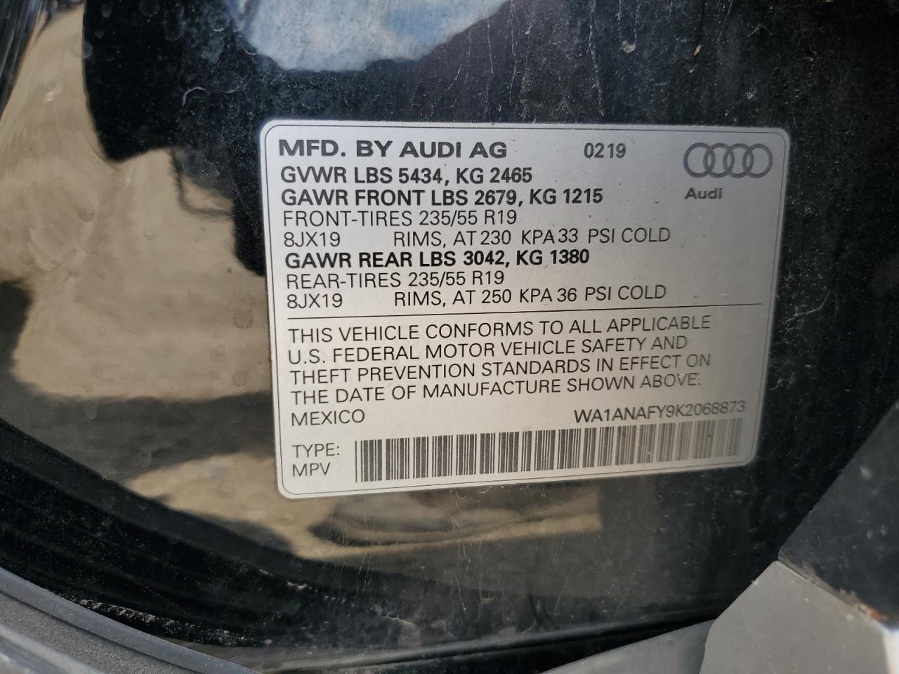 2019 Audi Q5 Premium VIN: WA1ANAFY9K2068873 Lot: 64748025
