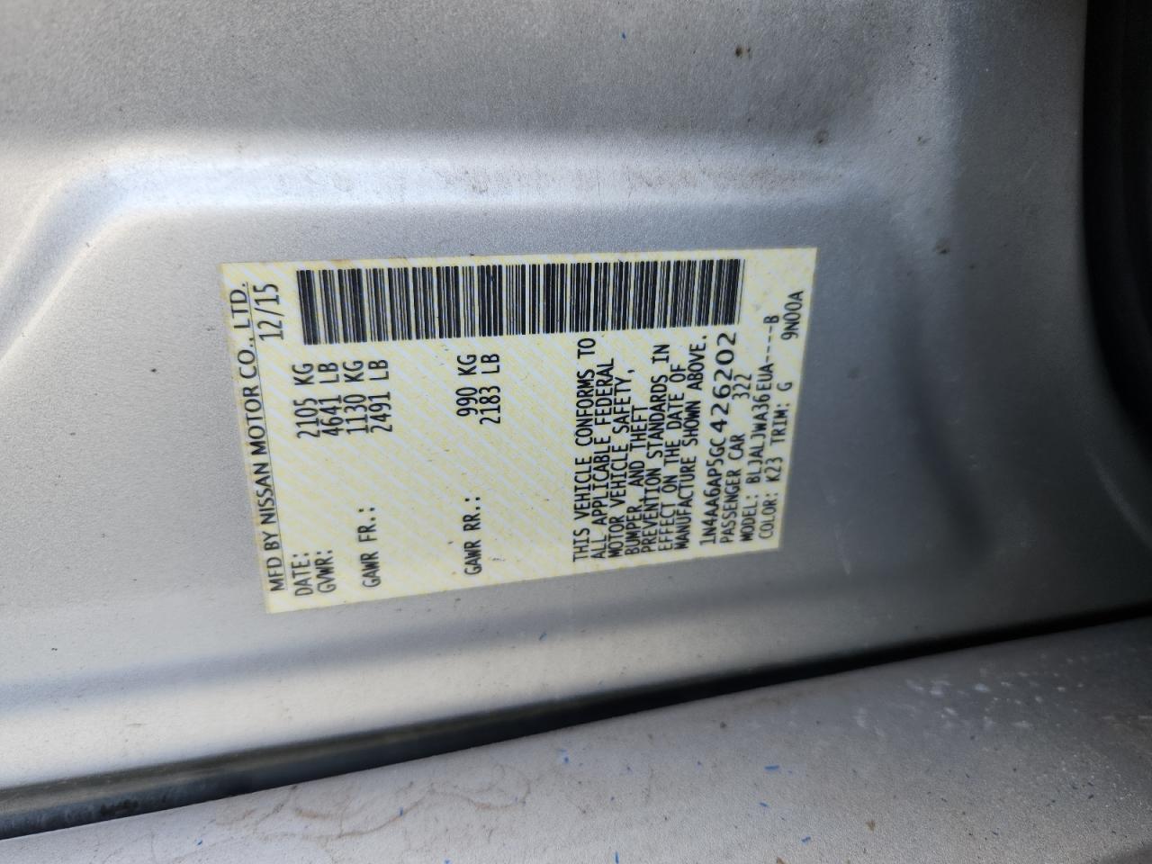 2016 Nissan Maxima 3.5S VIN: 1N4AA6AP5GC426202 Lot: 63300905