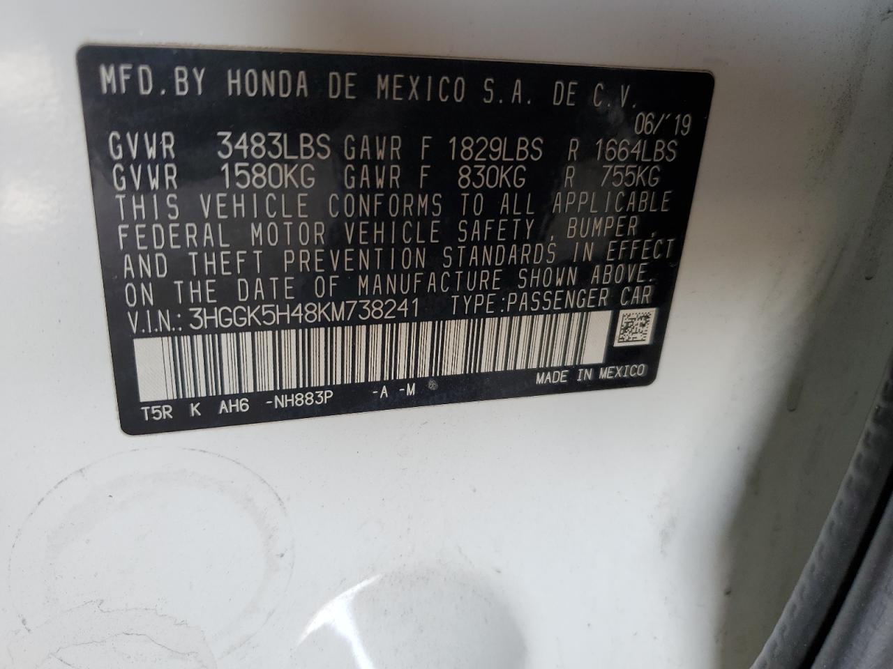 2019 Honda Fit Lx VIN: 3HGGK5H48KM738241 Lot: 62702695