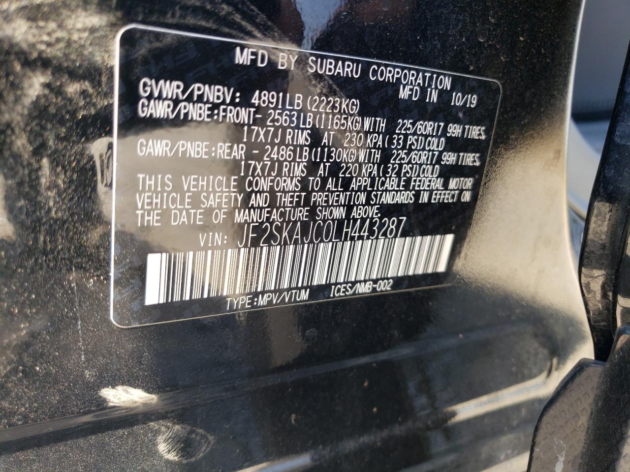 2020 Subaru Forester Premium VIN: JF2SKAJC0LH443287 Lot: 63091395