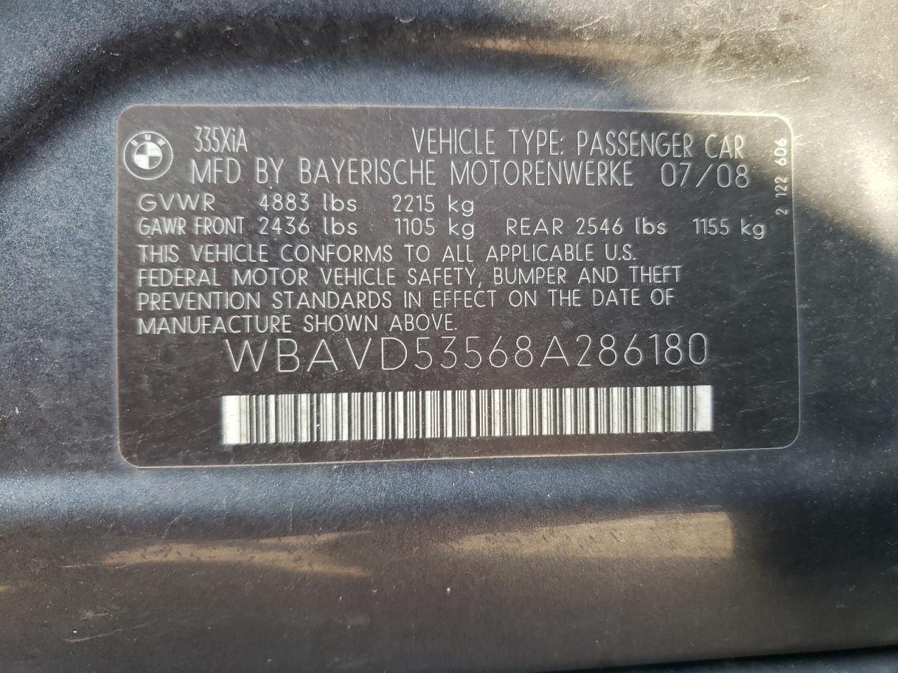 2008 BMW 335 Xi VIN: WBAVD53568A286180 Lot: 63012125