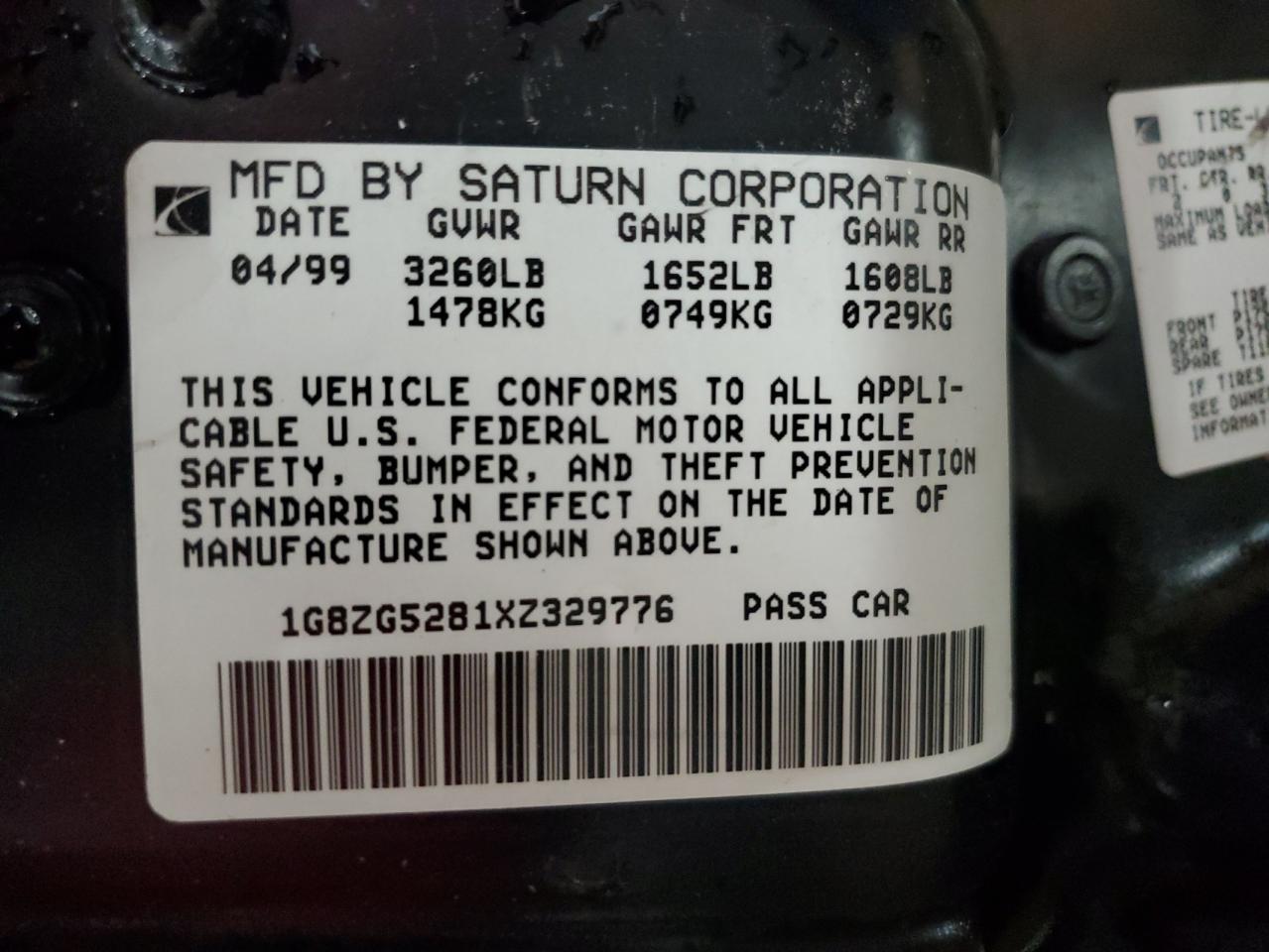 1999 Saturn Sl1 VIN: 1G8ZG5281XZ329776 Lot: 63295095