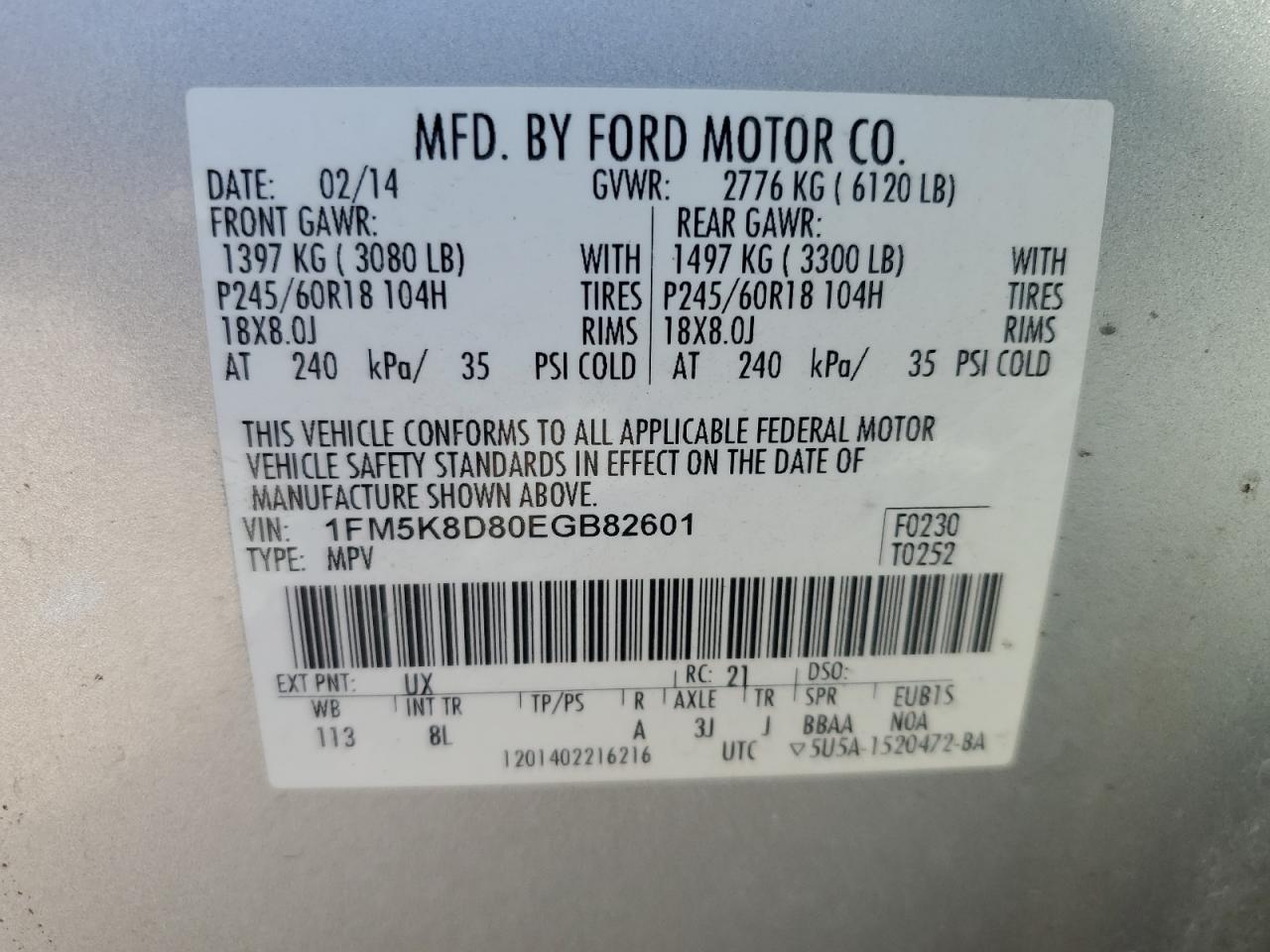 2014 Ford Explorer Xlt VIN: 1FM5K8D80EGB82601 Lot: 63223435