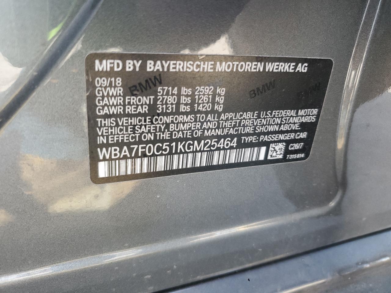 2019 BMW 750 I VIN: WBA7F0C51KGM25464 Lot: 62196775