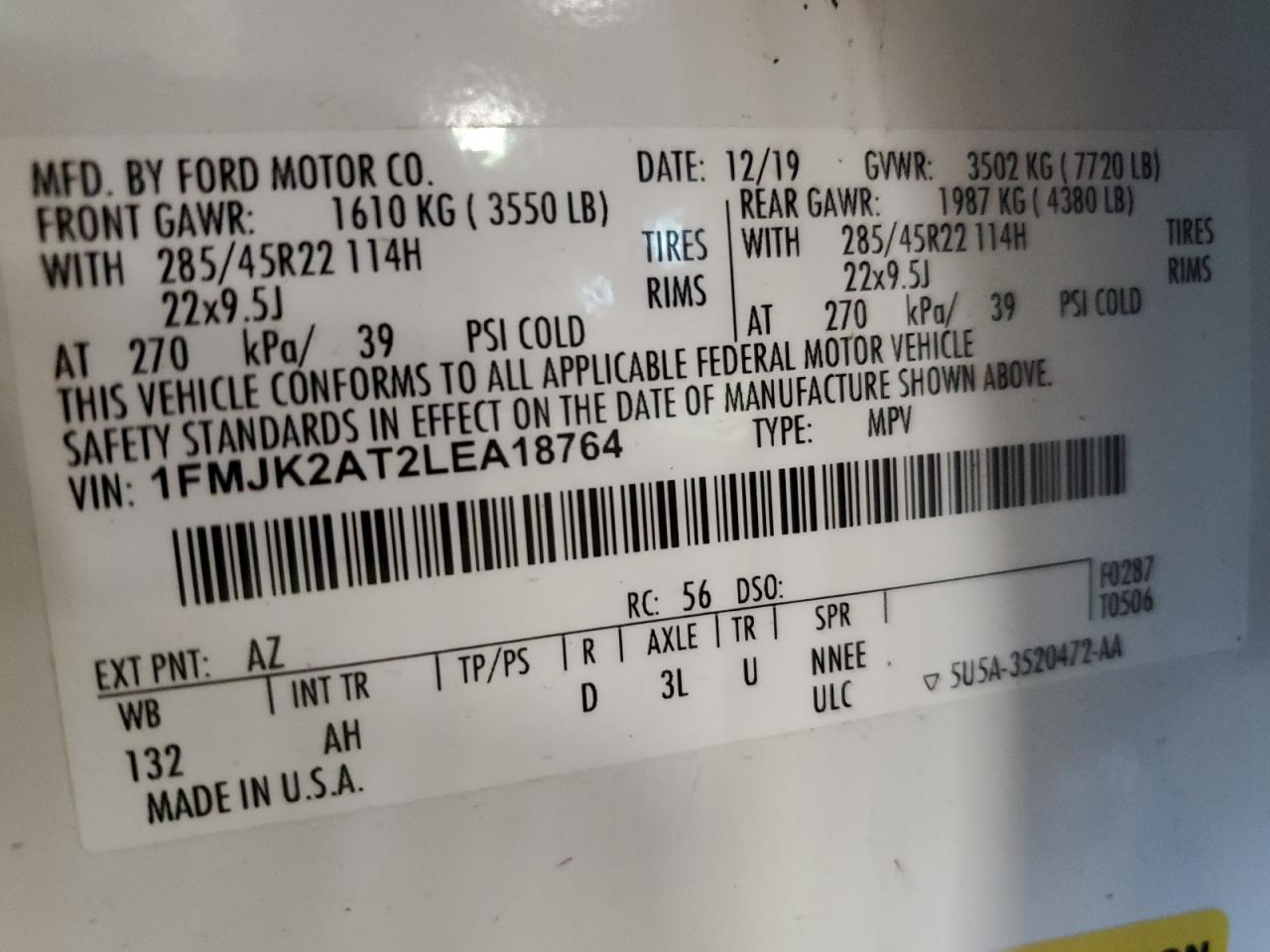 2020 Ford Expedition Max Limited VIN: 1FMJK2AT2LEA18764 Lot: 65625405