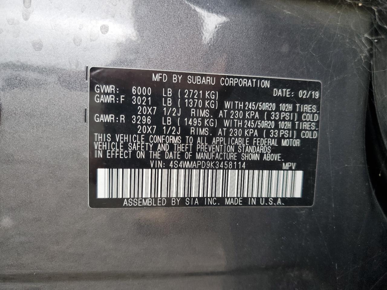 2019 Subaru Ascent Limited VIN: 4S4WMAPD9K3458114 Lot: 64424135
