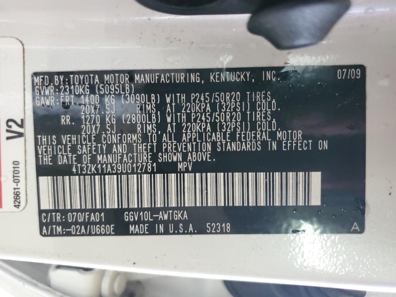 2009 Toyota Venza VIN: 4T3ZK11A39U012781 Lot: 63927285
