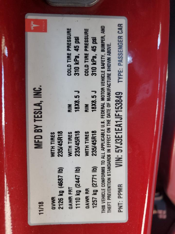 2018 Tesla Model 3 VIN: 5YJ3E1EA1JF153849 Lot: 65096955