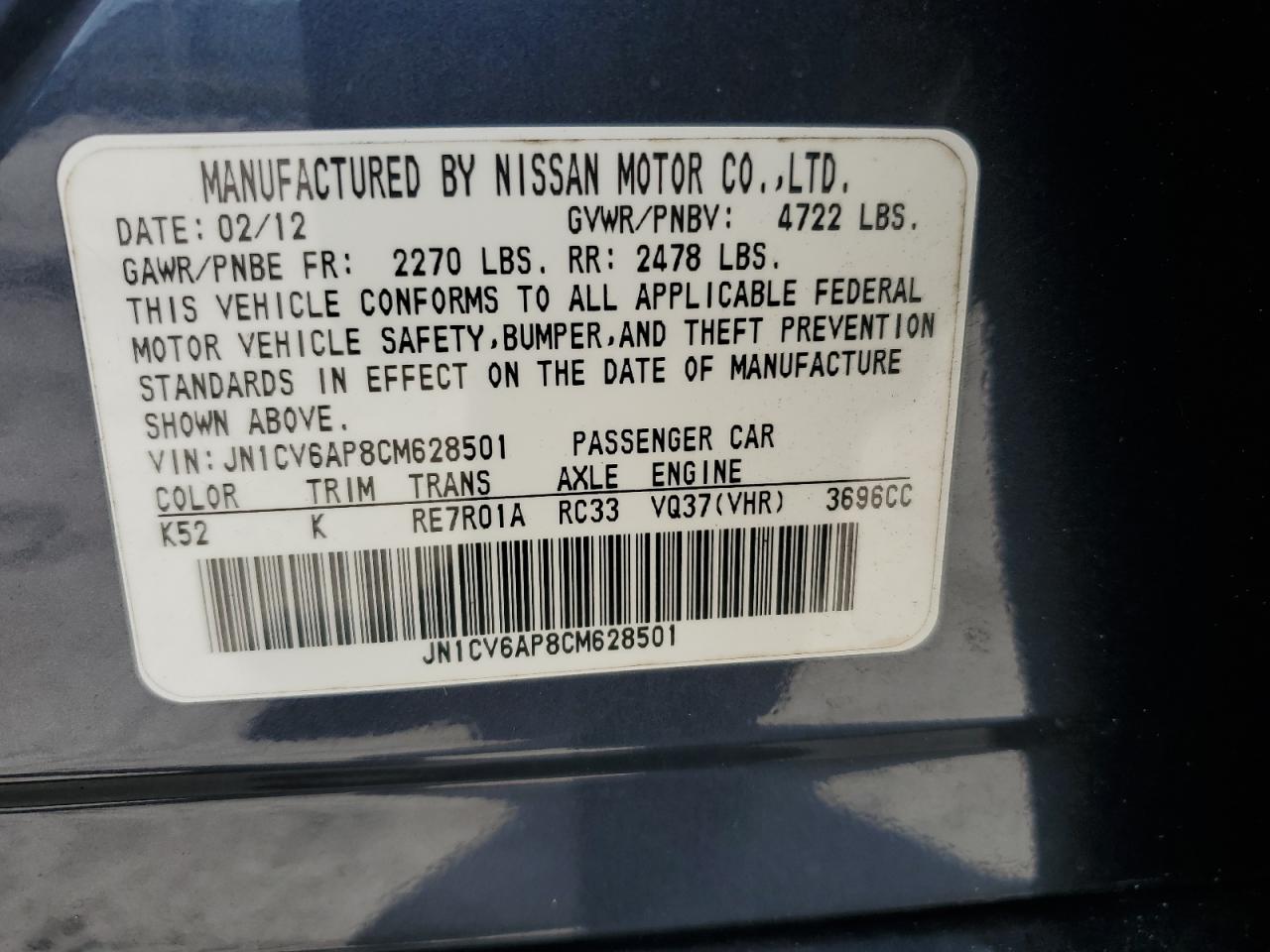 2012 Infiniti G37 Base VIN: JN1CV6AP8CM628501 Lot: 64388205