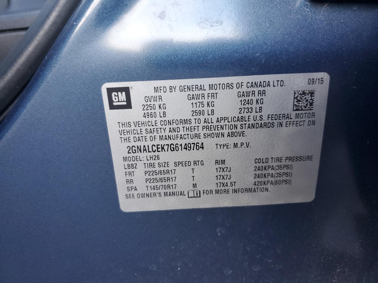 2016 Chevrolet Equinox Lt VIN: 2GNALCEK7G6149764 Lot: 64821705