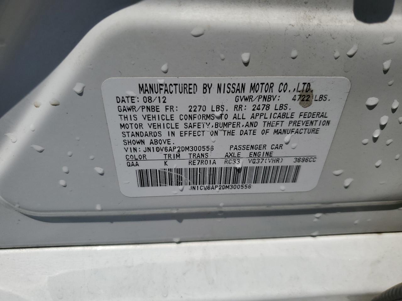 2013 Infiniti G37 Base VIN: JN1CV6AP2DM300556 Lot: 64862315