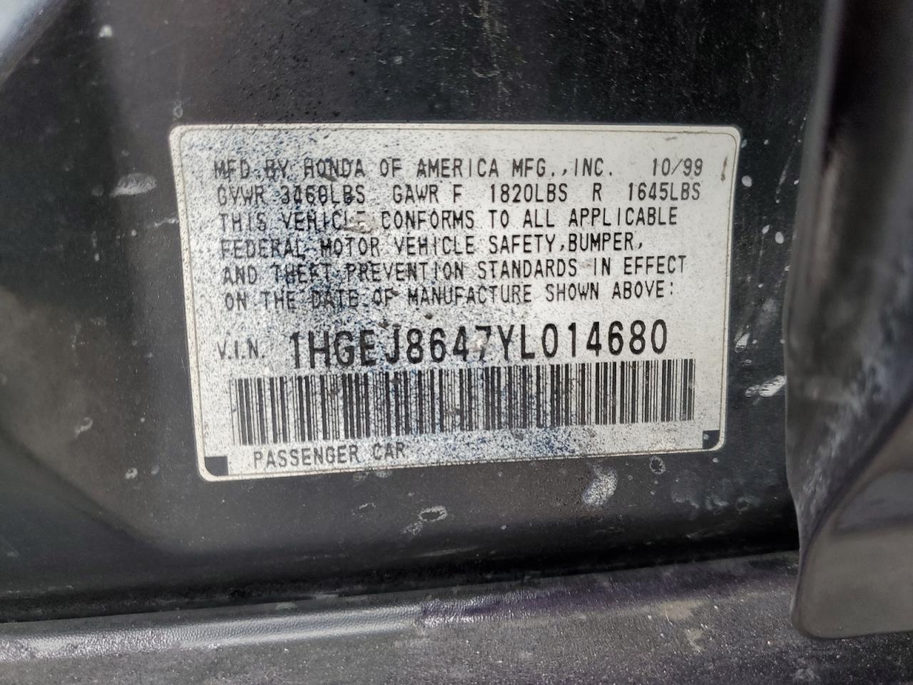 2000 Honda Civic Ex VIN: 1HGEJ8647YL014680 Lot: 65813985