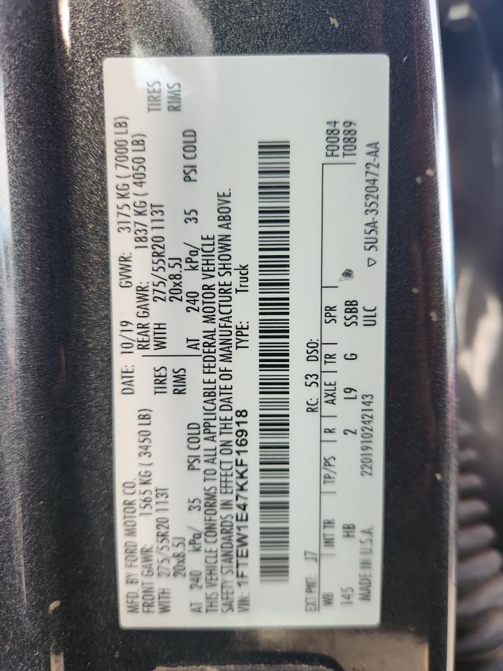 2019 Ford F150 Supercrew VIN: 1FTEW1E47KKF16918 Lot: 63486105