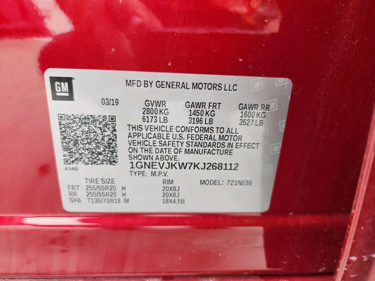 2019 Chevrolet Traverse High Country VIN: 1GNEVJKW7KJ268112 Lot: 63088395