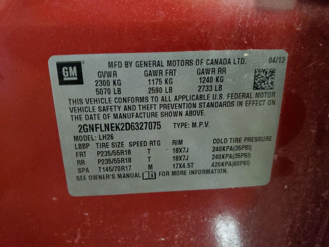 2013 Chevrolet Equinox Lt VIN: 2GNFLNEK2D6327075 Lot: 64845745