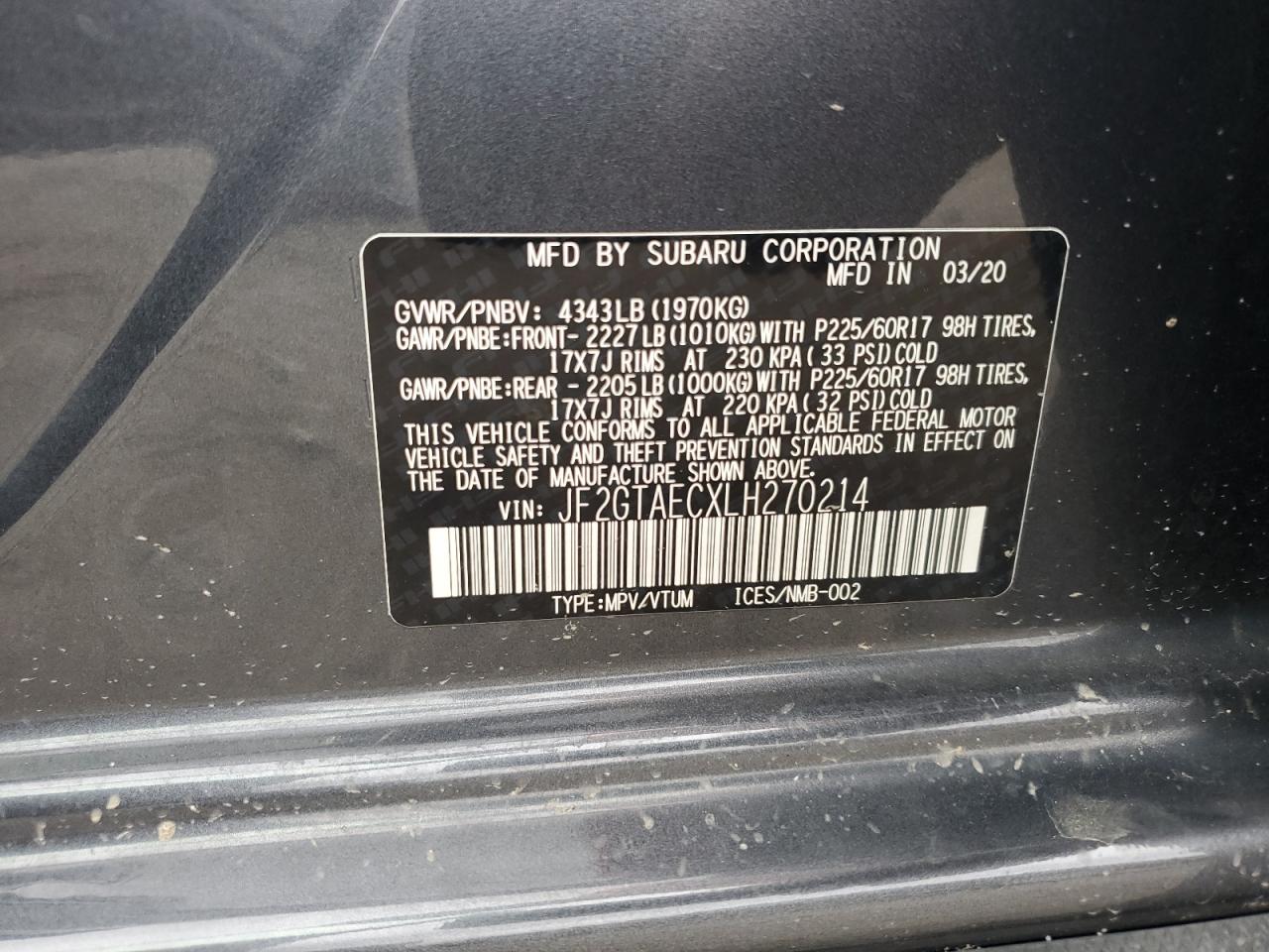 2020 Subaru Crosstrek Premium VIN: JF2GTAECXLH270214 Lot: 64747135