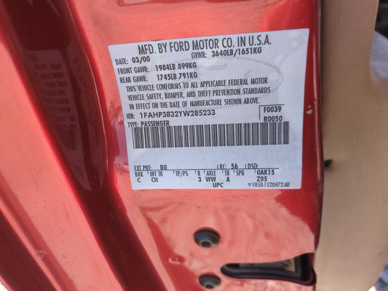 2000 Ford Focus Zts VIN: 1FAHP3832YW285233 Lot: 63702085