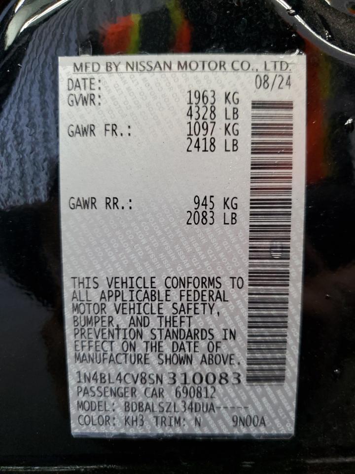 2025 Nissan Altima Sr VIN: 1N4BL4CV8SN310083 Lot: 64990765