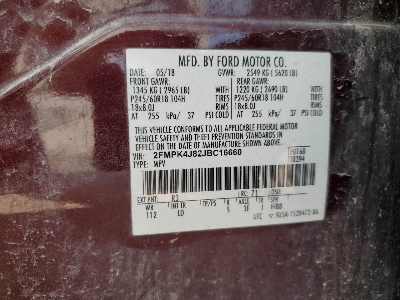 2018 Ford Edge Sel VIN: 2FMPK4J82JBC16660 Lot: 65239315