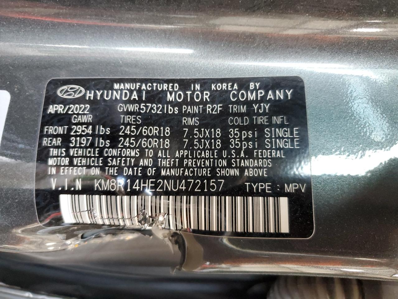 2022 Hyundai Palisade Se VIN: KM8R14HE2NU472157 Lot: 64475345