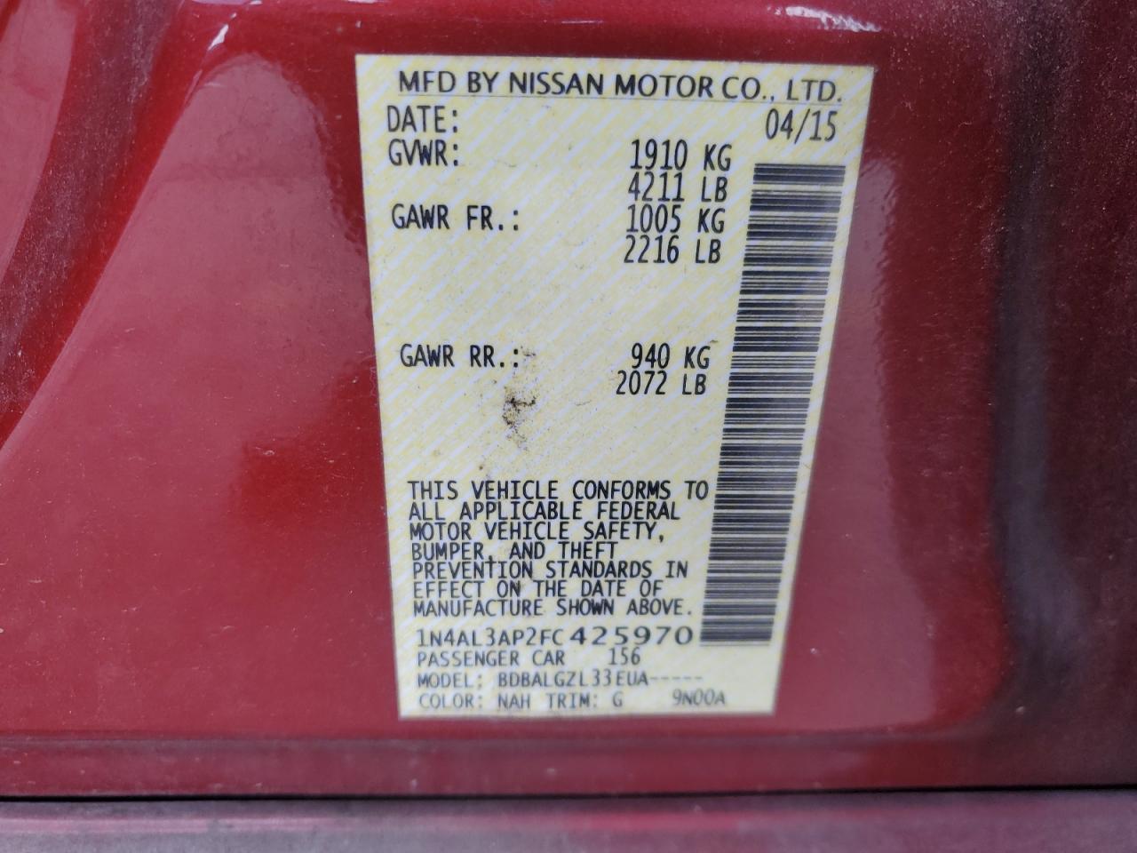 2015 Nissan Altima 2.5 VIN: 1N4AL3AP2FC425970 Lot: 64821525