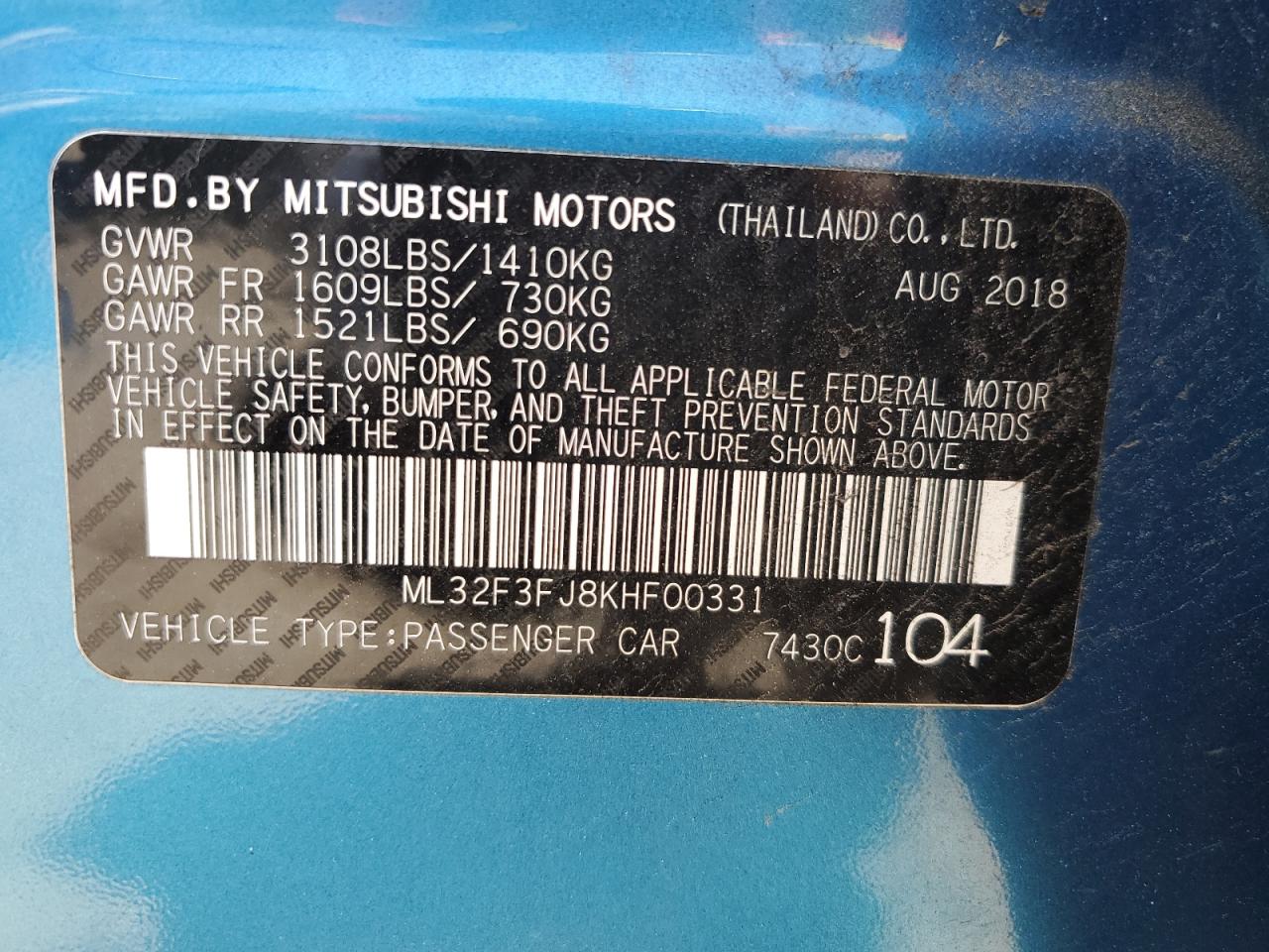 2019 Mitsubishi Mirage G4 Es VIN: ML32F3FJ8KHF00331 Lot: 62234685