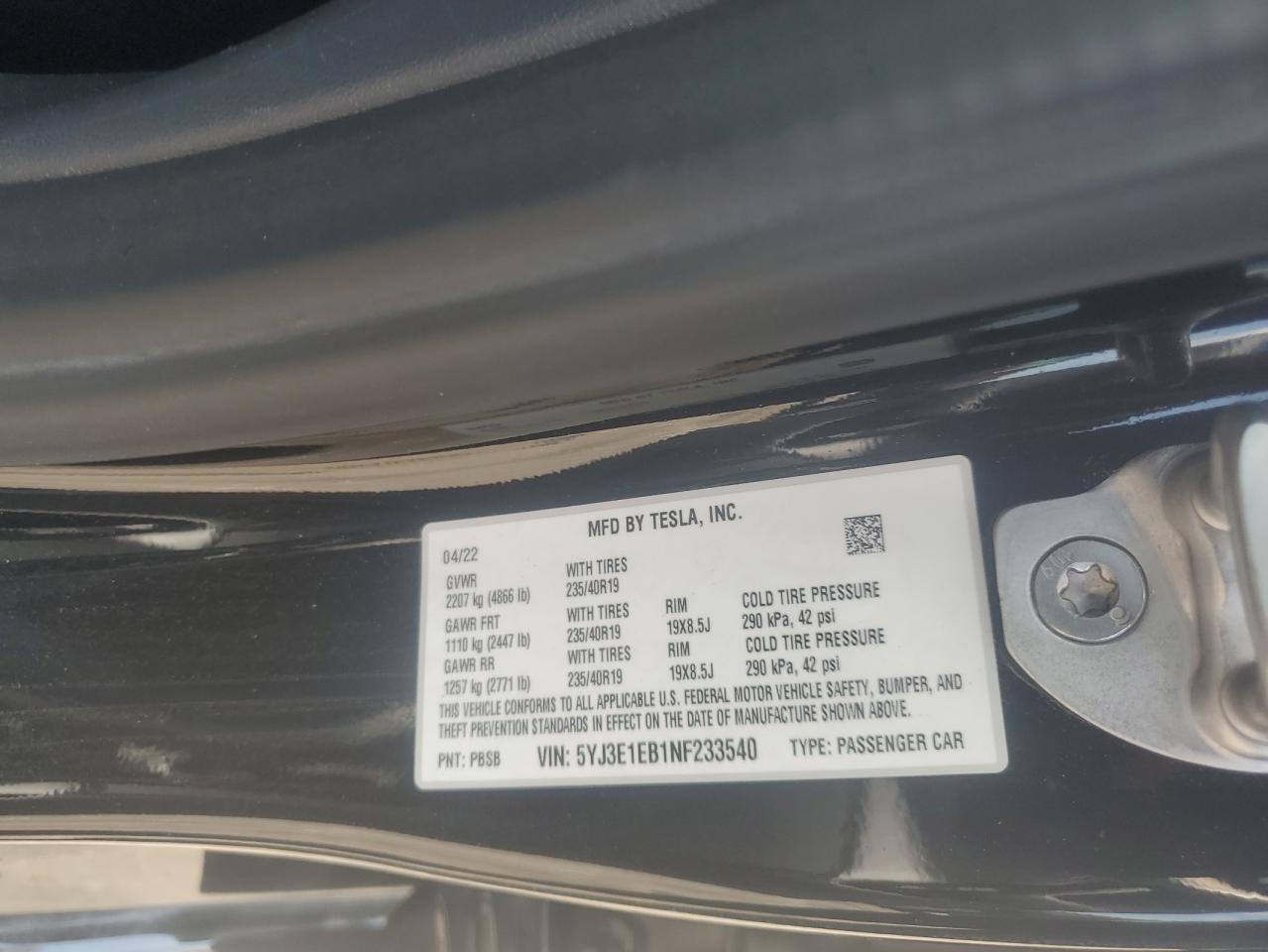 2022 Tesla Model 3 VIN: 5YJ3E1EBNF233540 Lot: 66144095