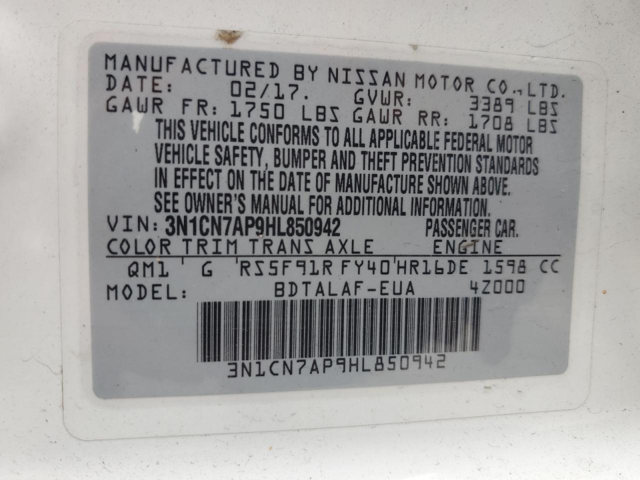 2017 Nissan Versa S VIN: 3N1CN7AP9HL850942 Lot: 64205845