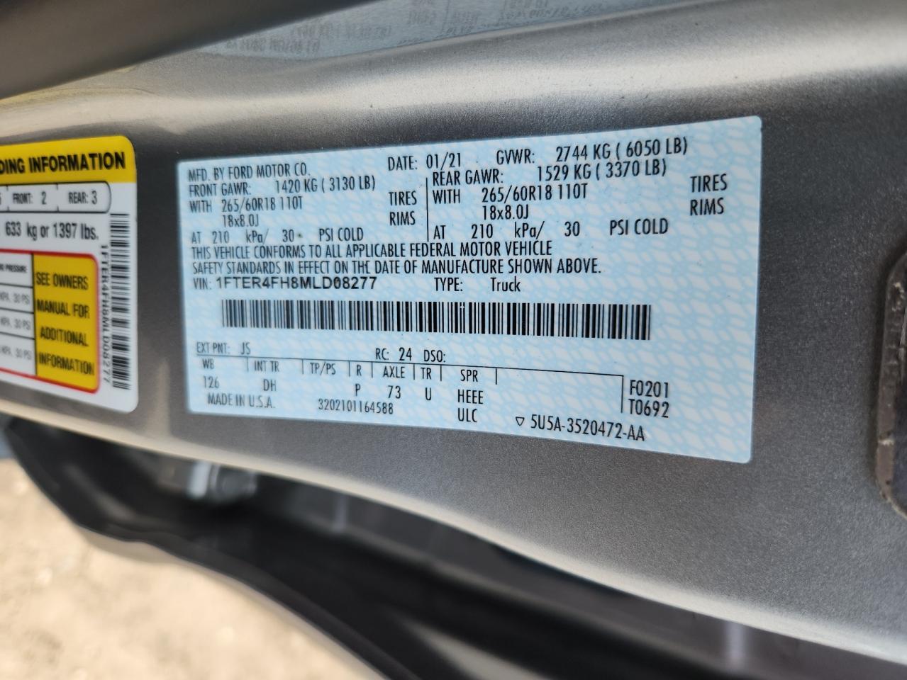 2021 Ford Ranger Xl VIN: 1FTER4FH8MLD08277 Lot: 64068585