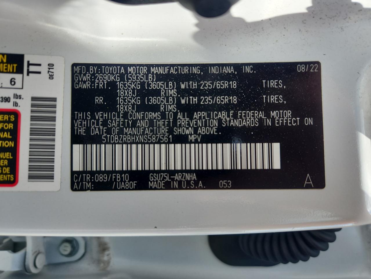 2022 Toyota Highlander L VIN: 5TDBZRBHXNS587561 Lot: 63030175
