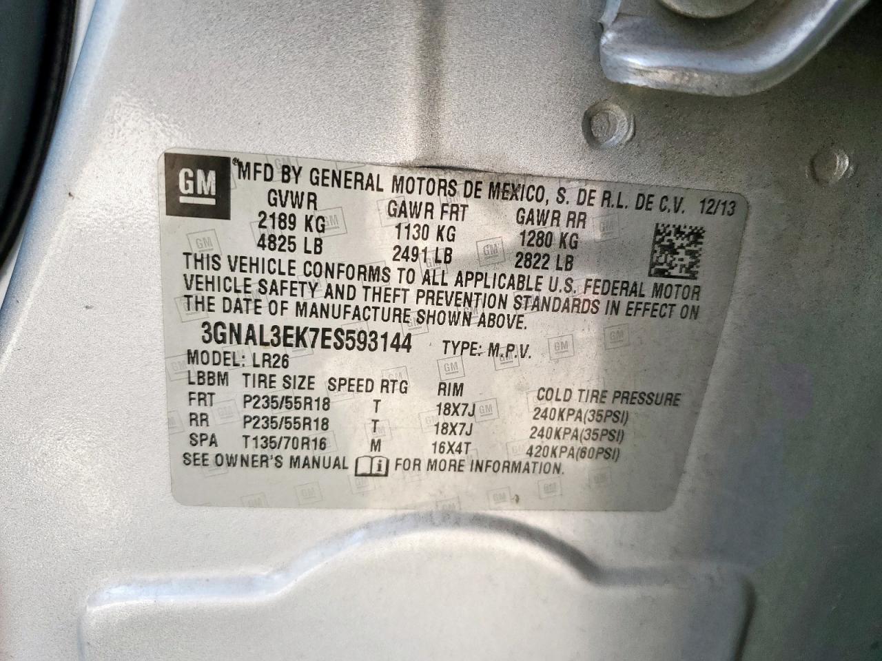 2014 Chevrolet Captiva Lt VIN: 3GNAL3EK7ES593144 Lot: 65459305