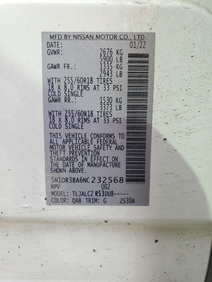 2022 Nissan Pathfinder Sv VIN: 5N1DR3BA6NC232568 Lot: 64560315