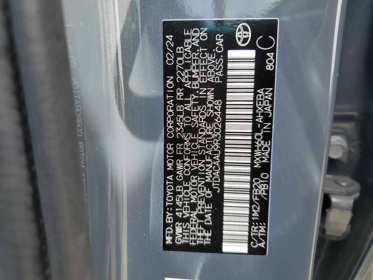 2024 Toyota Prius Le VIN: JTDACAAU9R3026448 Lot: 65329365