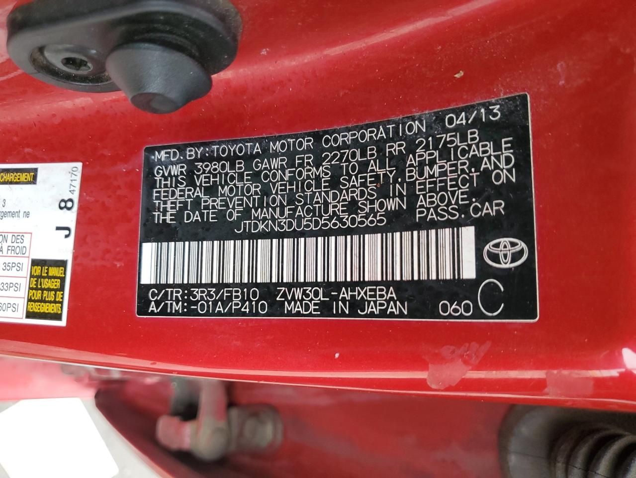 2013 Toyota Prius VIN: JTDKN3DU5D5630565 Lot: 64472205