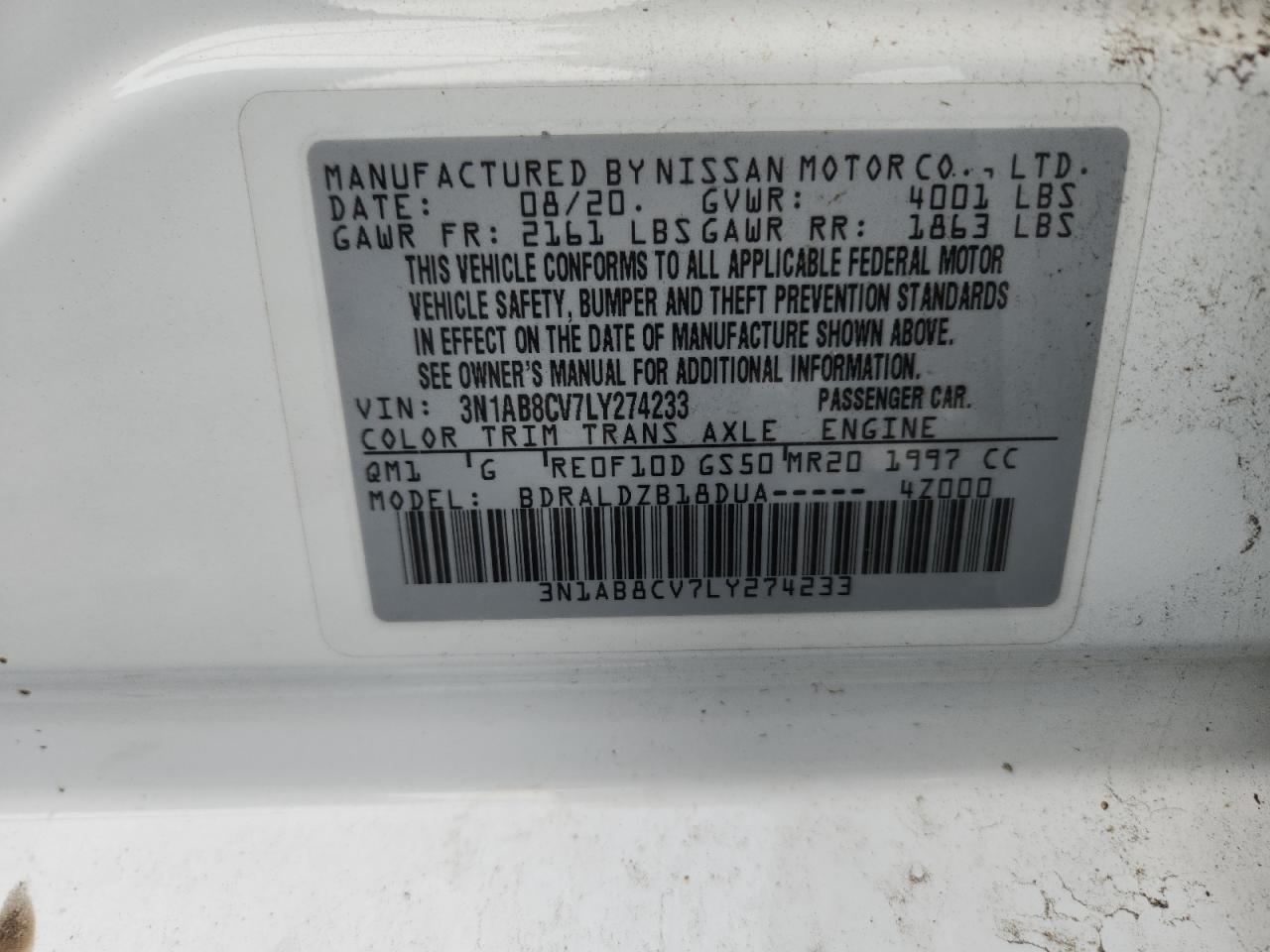 2020 Nissan Sentra Sv VIN: 3N1AB8CV7LY274233 Lot: 64621605