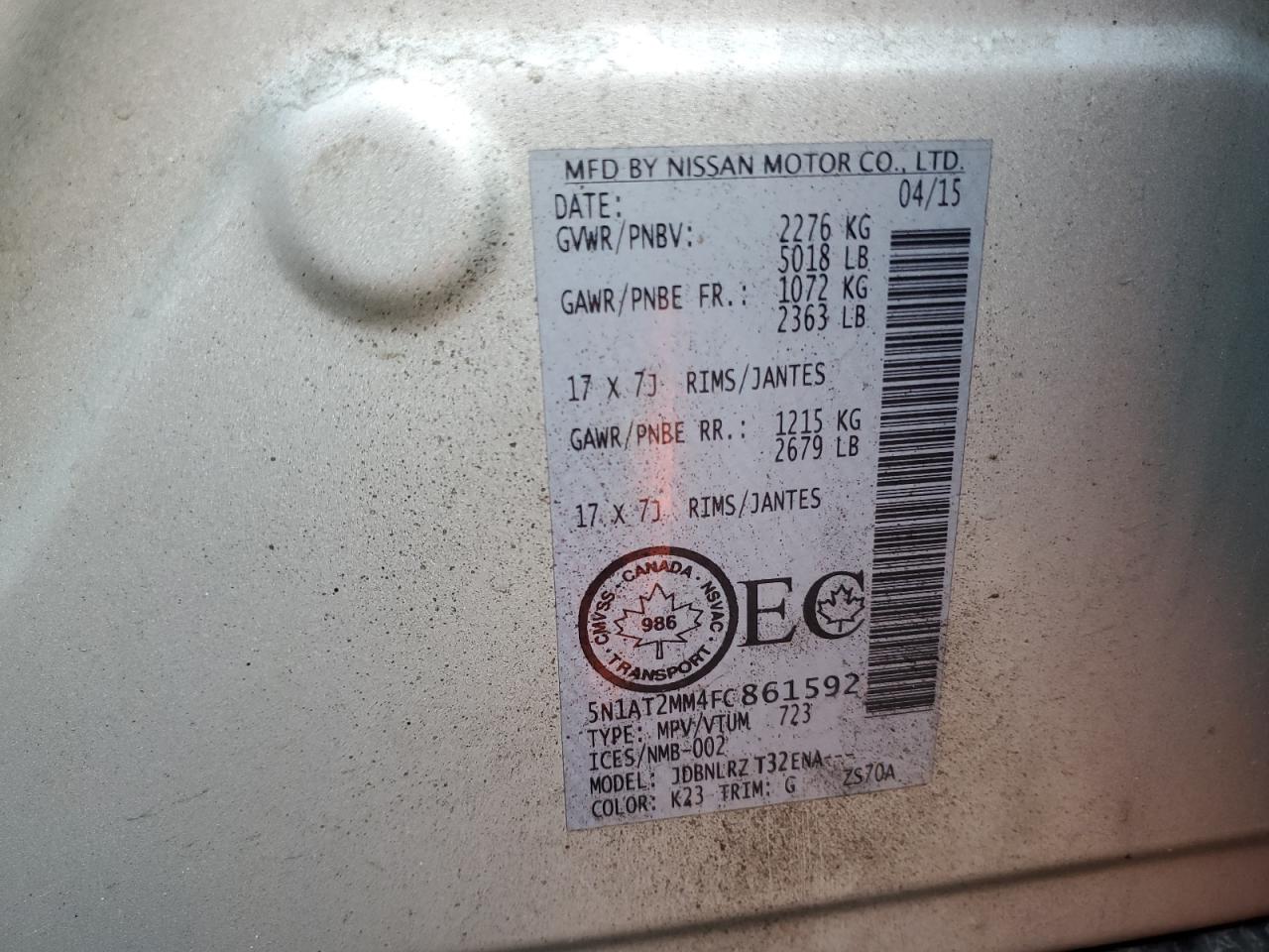 2015 Nissan Rogue S VIN: 5N1AT2MM4FC861592 Lot: 65129505