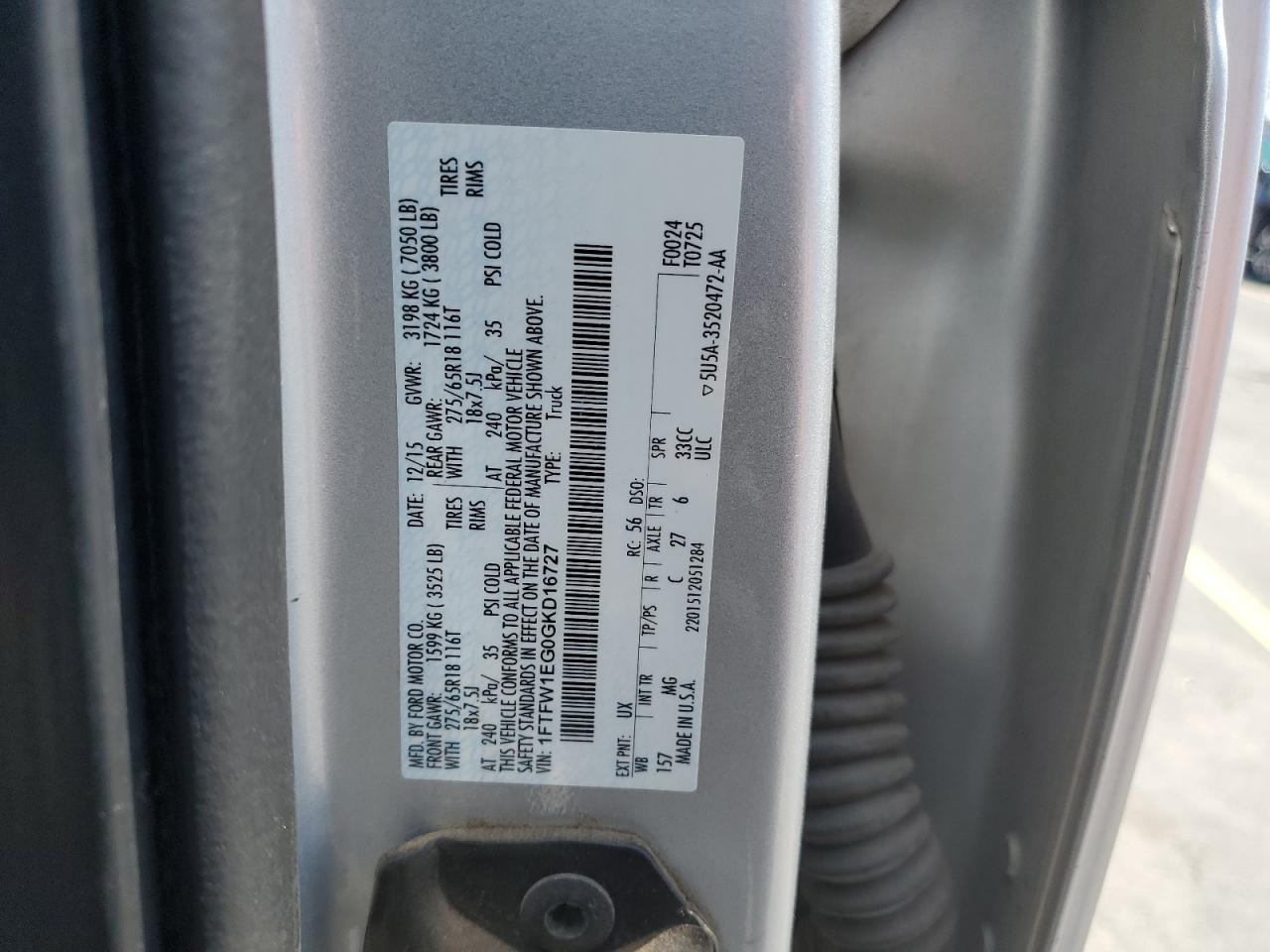 2016 Ford F150 Supercrew VIN: 1FTFW1EG0GKD16727 Lot: 65236065