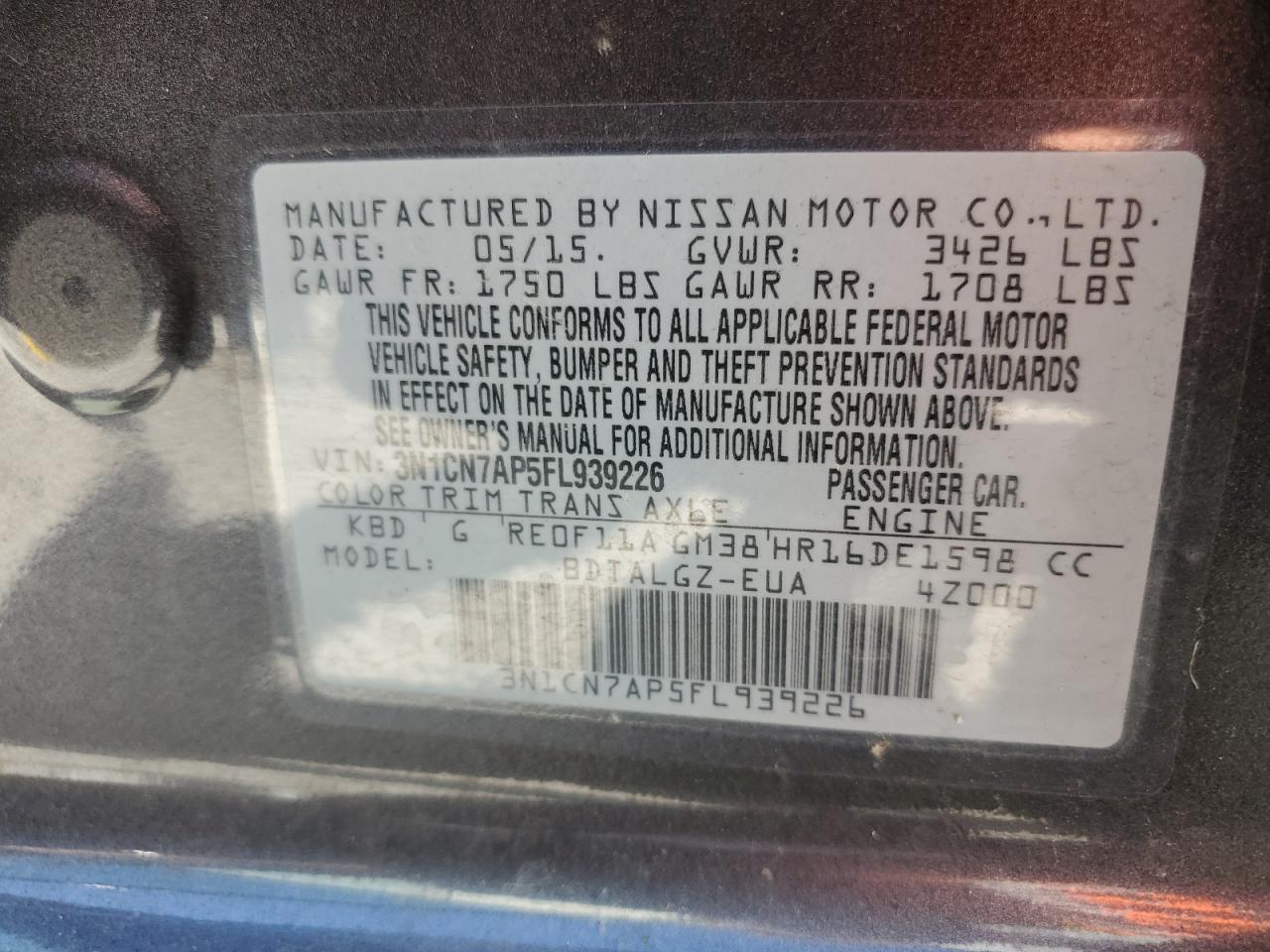 2015 Nissan Versa S VIN: 3N1CN7AP5FL939226 Lot: 66960915