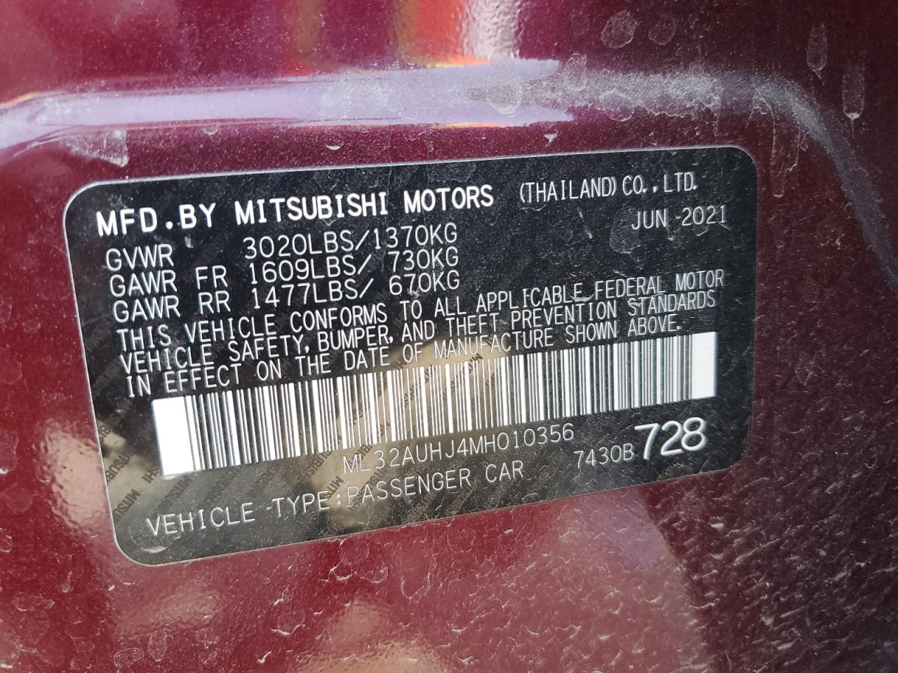 2021 Mitsubishi Mirage Es VIN: ML32AUHJ4MH010356 Lot: 65453165