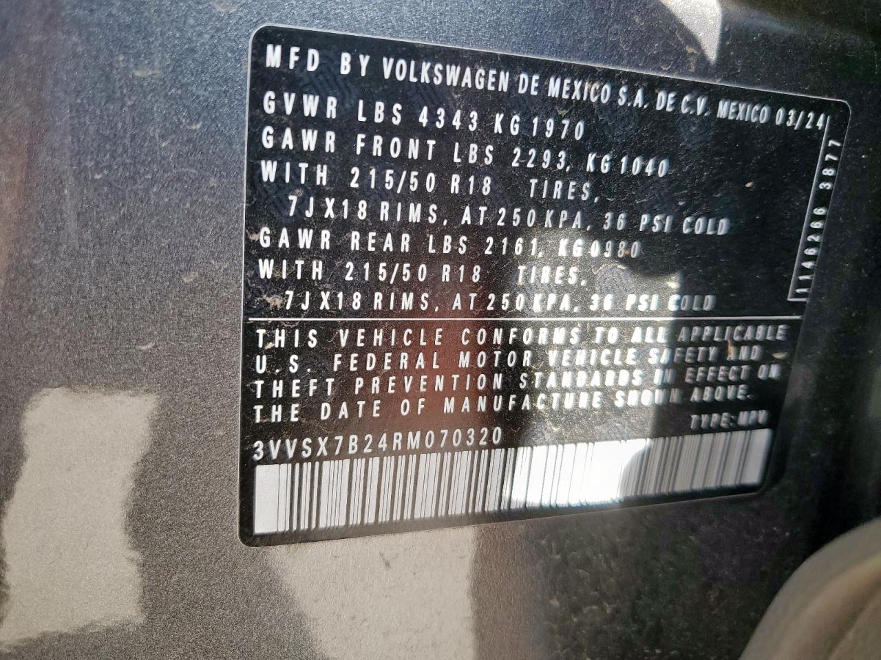 2024 Volkswagen Taos Se VIN: 3VVSX7B24RM070320 Lot: 64458745