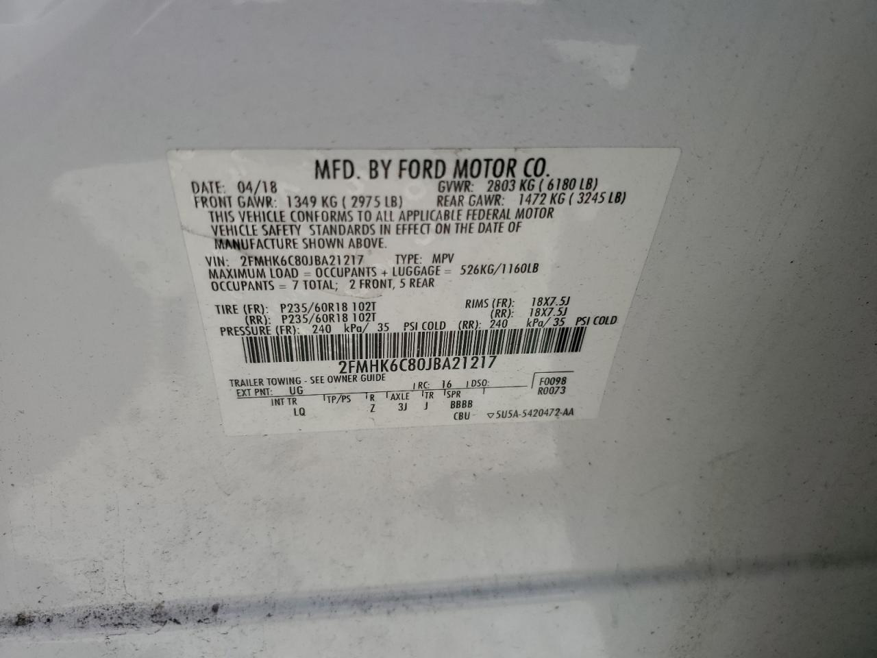 2018 Ford Flex Sel VIN: 2FMHK6C80JBA21217 Lot: 65189715