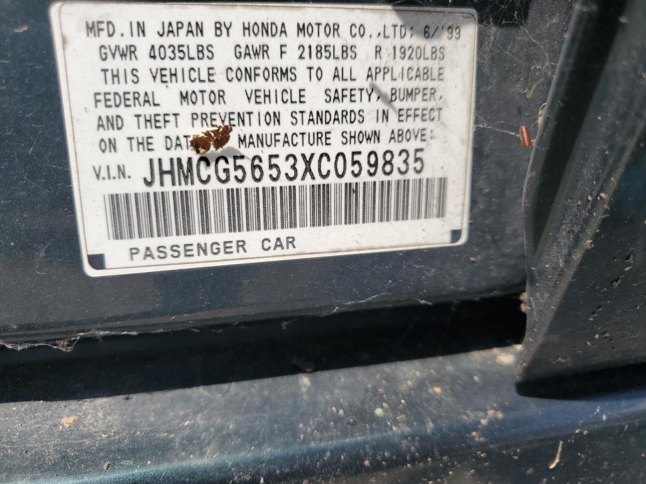 1999 Honda Accord Ex VIN: JHMCG5653XC059835 Lot: 65065435