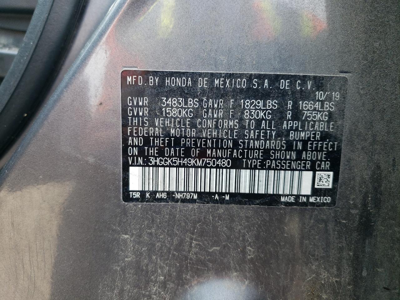 2019 Honda Fit Lx VIN: 3HGGK5H49KM750480 Lot: 63915455