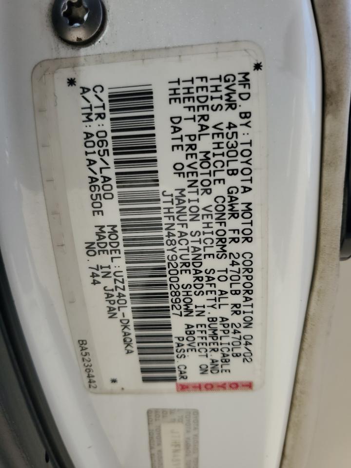 2002 Lexus Sc 430 VIN: JTHFN48Y920028927 Lot: 65293335